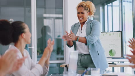 Business-people-in-meeting,-applause-and-screen