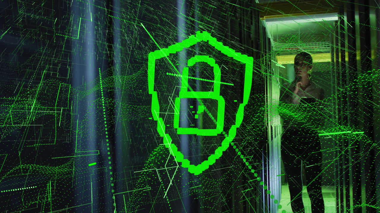 animación del icono del candado y procesamiento de datos sobre ingeniera informática caucásica por servidores informáticos