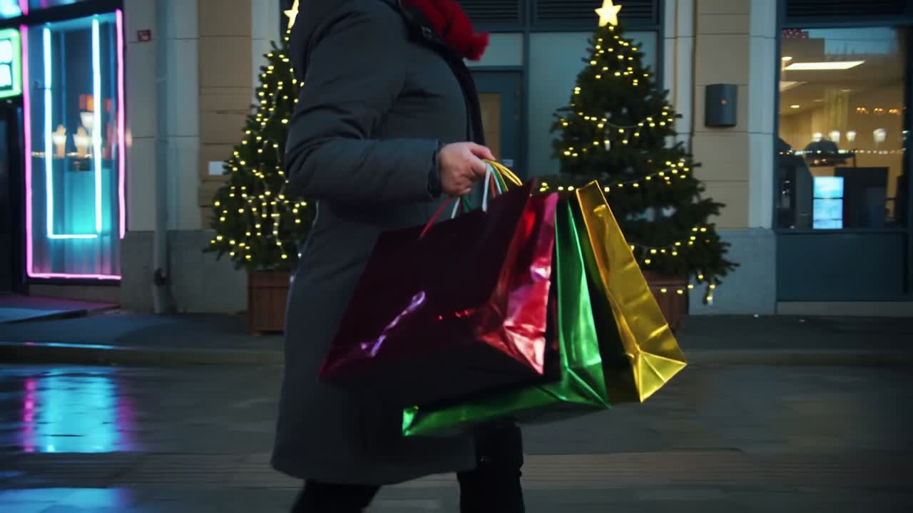 Walking woman carrying metallic bags on wet sidewalk at night, with neon signage and holiday trees