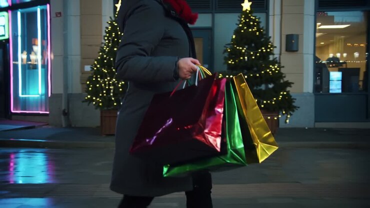 Walking woman carrying metallic bags on wet sidewalk at night, with neon signage and holiday trees