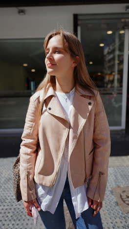 young woman in a pink leather jacket