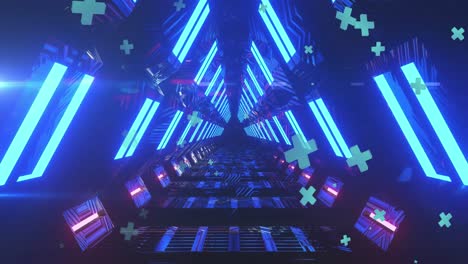 Animation-of-abstract-shapes-over-blue-neon-tunnel