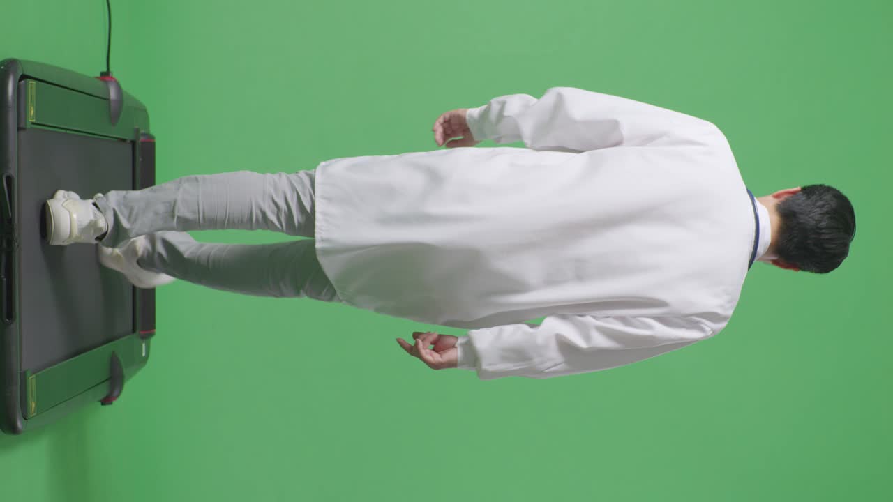 아시안 남성 의사가 스테토스코프를 들고 병원에서 녹색 화면 배경에서 고 있습니다.