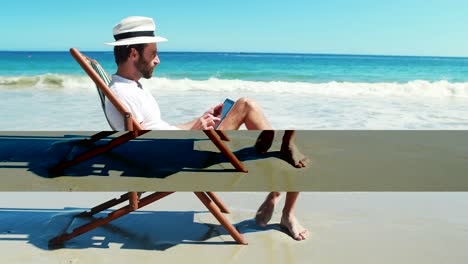 mann benutzt ein digitales tablet am strand