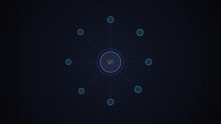 Digital Network Hub Animation with Checkmark Completion