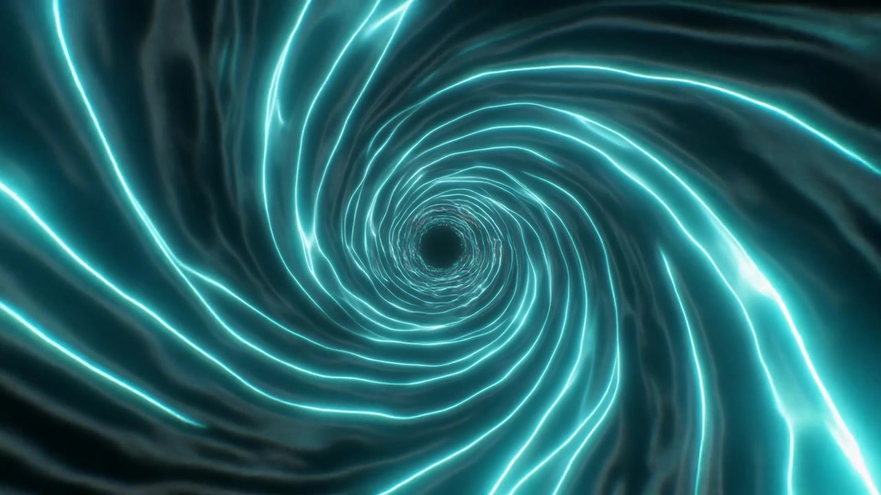 Abstract Glowing Cyan Light Tunnel Rotating in Dark Space