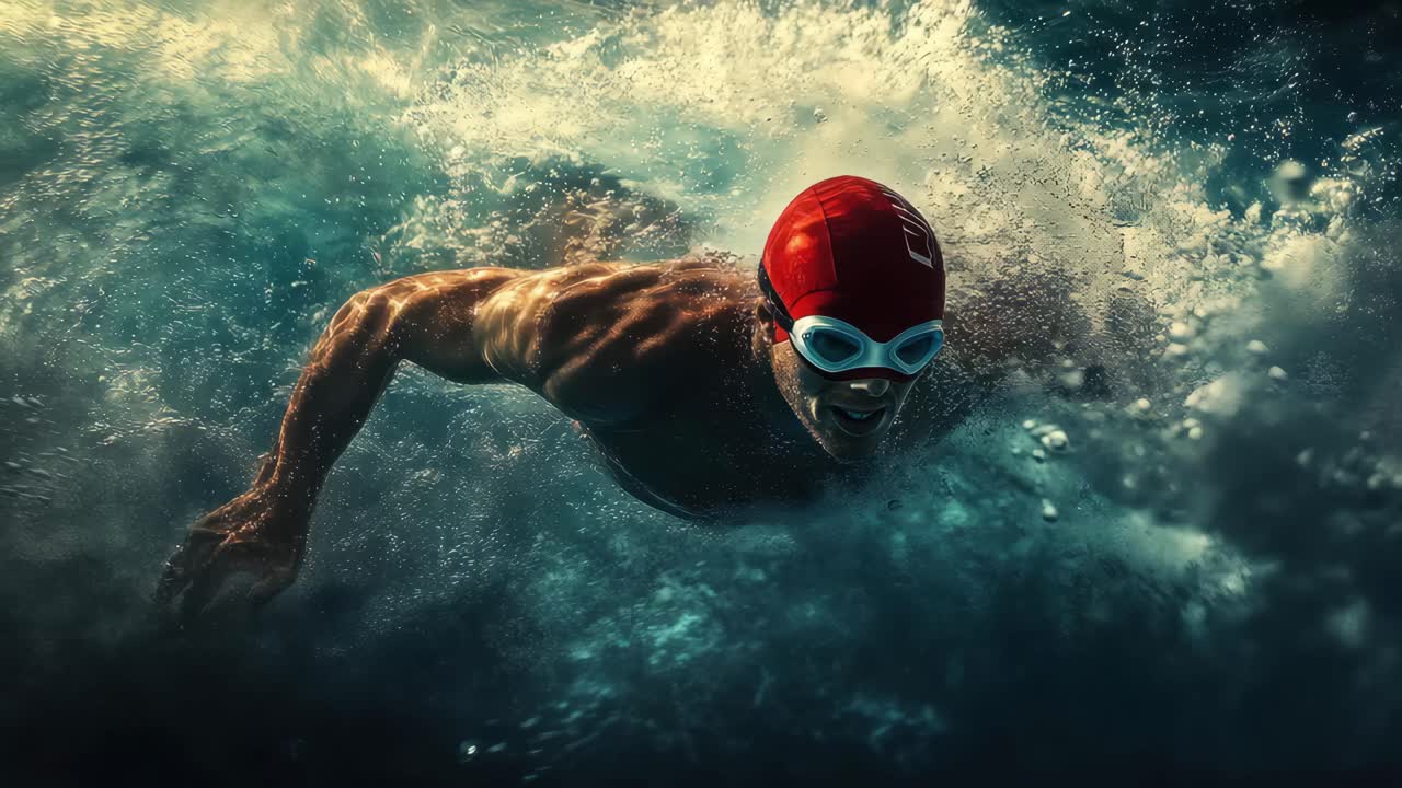 Ein Unterwasser-Video zeigt einen tauchenden Schwimmer, von unten gefilmt. Blasen und Licht erzeugen eine dynamische Szene