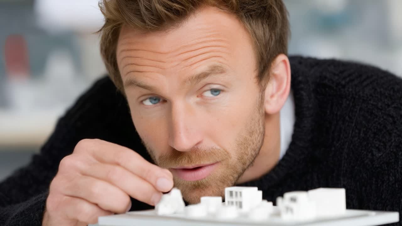 Focused Designer Analyzing Miniature Architectural Models: Creative Process and Attention to Detail in Design Work