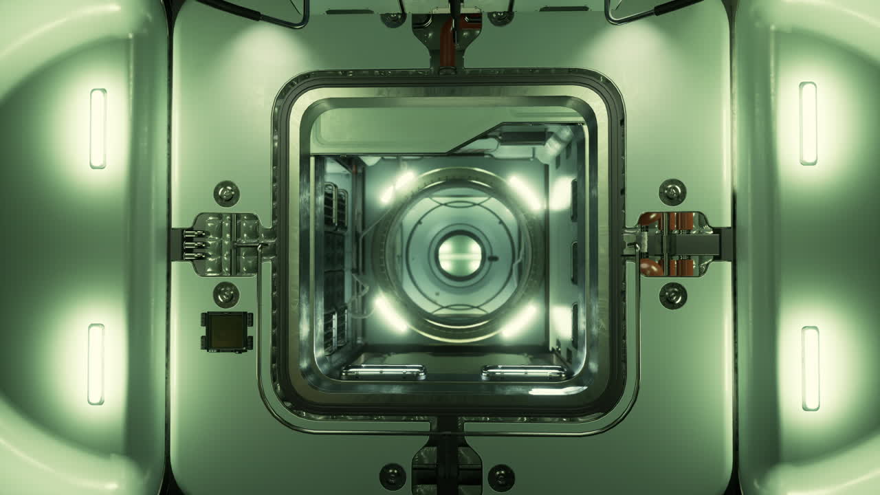 Futuristic spaceship interior with open hatch revealing a corridor