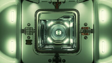 interior futurista de una nave espacial con una escotilla abierta que revela un corredor
