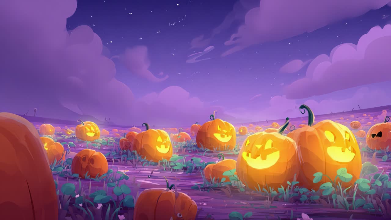 A Spooky Twilight Pumpkin Patch: Vibrant Jack-o'-Lanterns Light Up the Night Sky in a Whimsical Animated Scene Celebrating Halloween Festivities