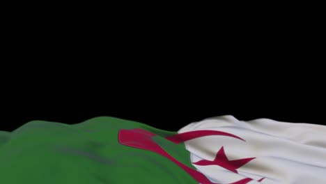 algeria fabric flag waving on the wind loop. algerian embroidery stiched cloth banner swaying on the breeze. half-filled black background. place for text. 20 seconds loop.