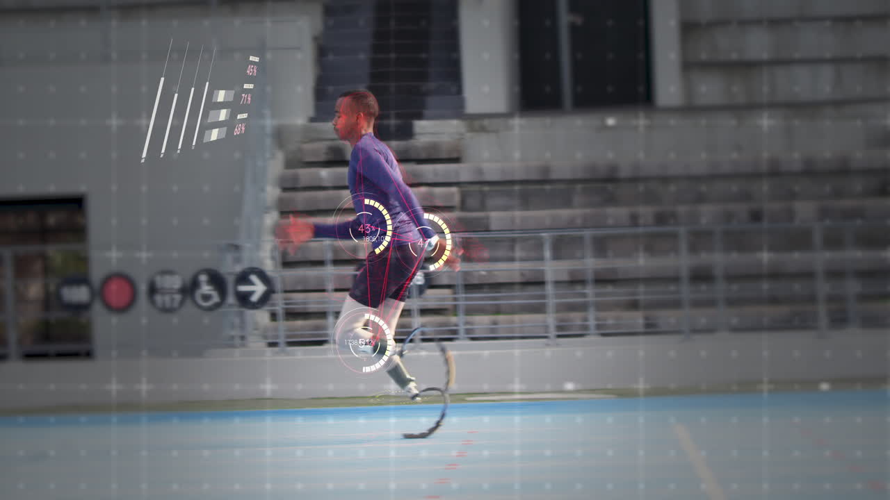 Animation of biracial male disabled athlete with prosthetic legs exercising at a sports stadium