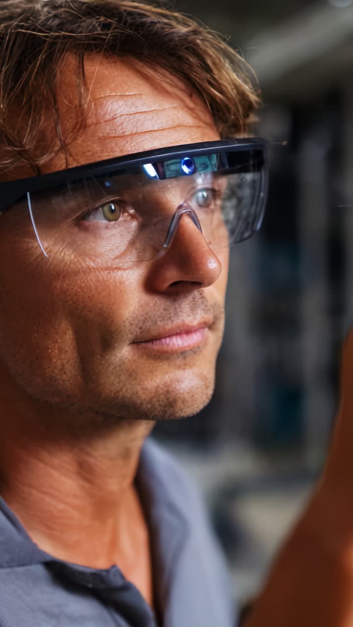 Focused Individual Wearing Safety Glasses and Smart Technology for Enhanced Visual Experience in a Varied Work Environment