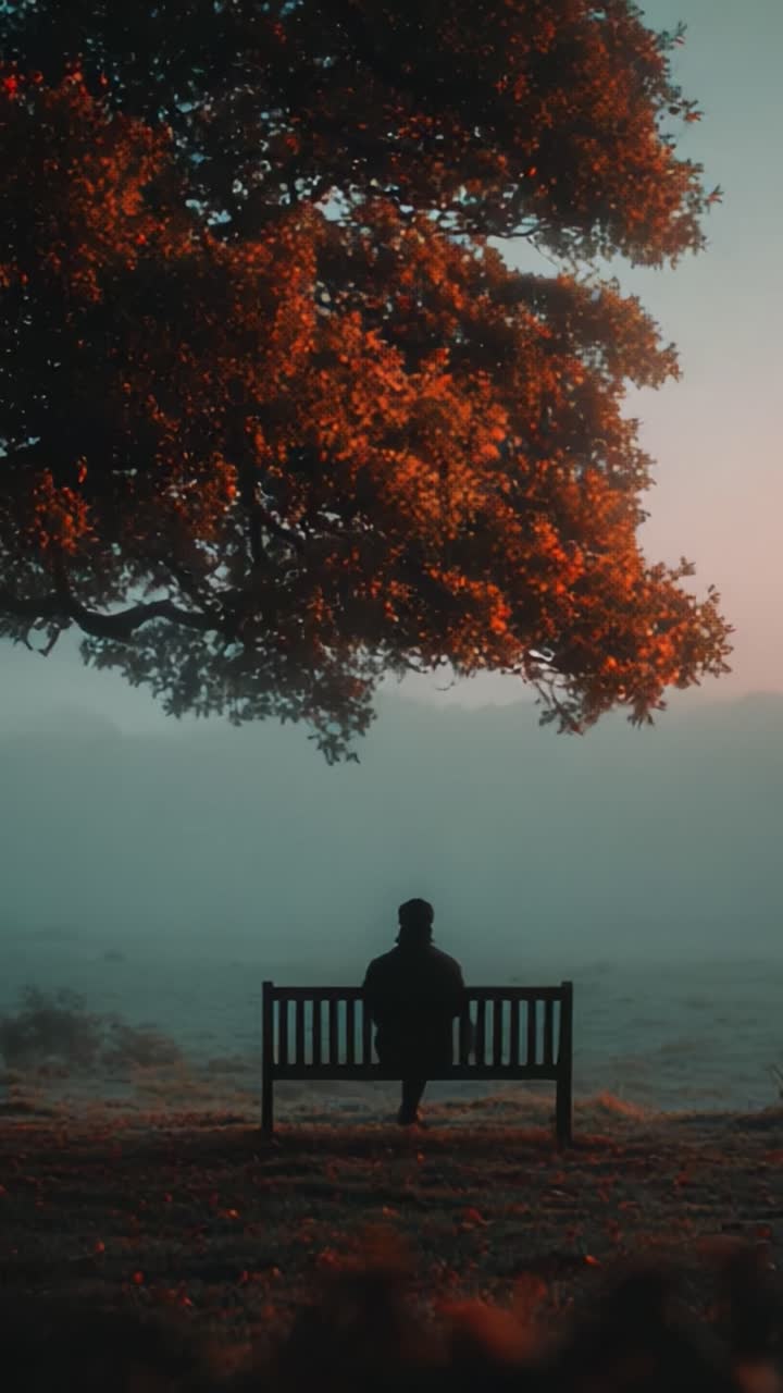 A Solitary Figure Contemplates Under a Majestic Tree as the Morning Mist Embraces the Tranquil Landscape, Evoking a Sense of Peaceful Reflection