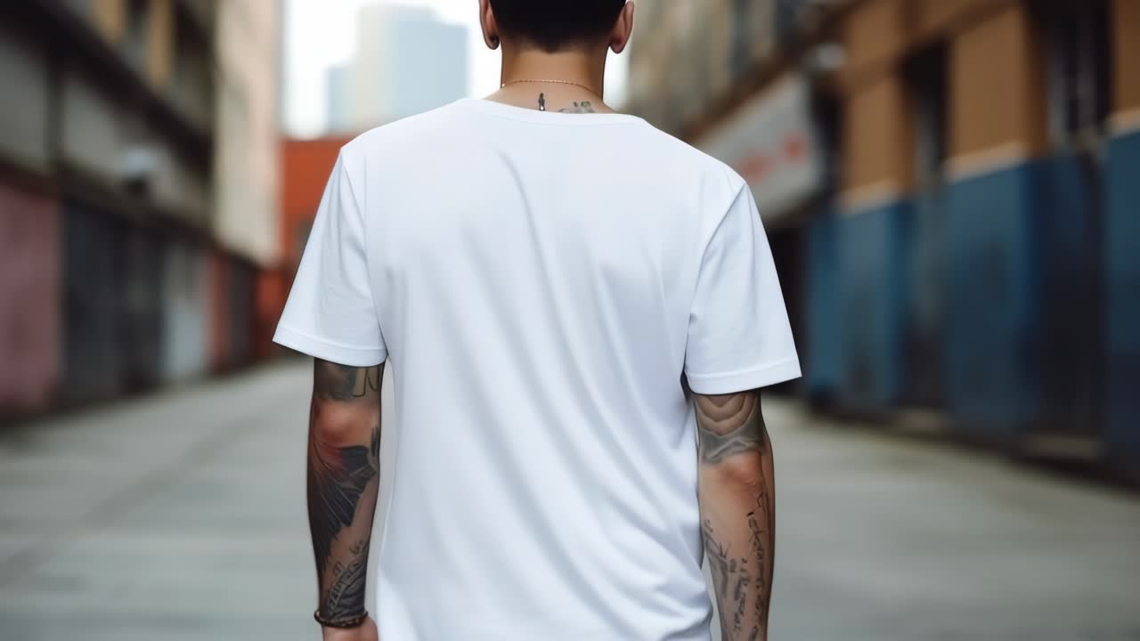 A video still of a tattooed man in a white shirt walking down an urban alley