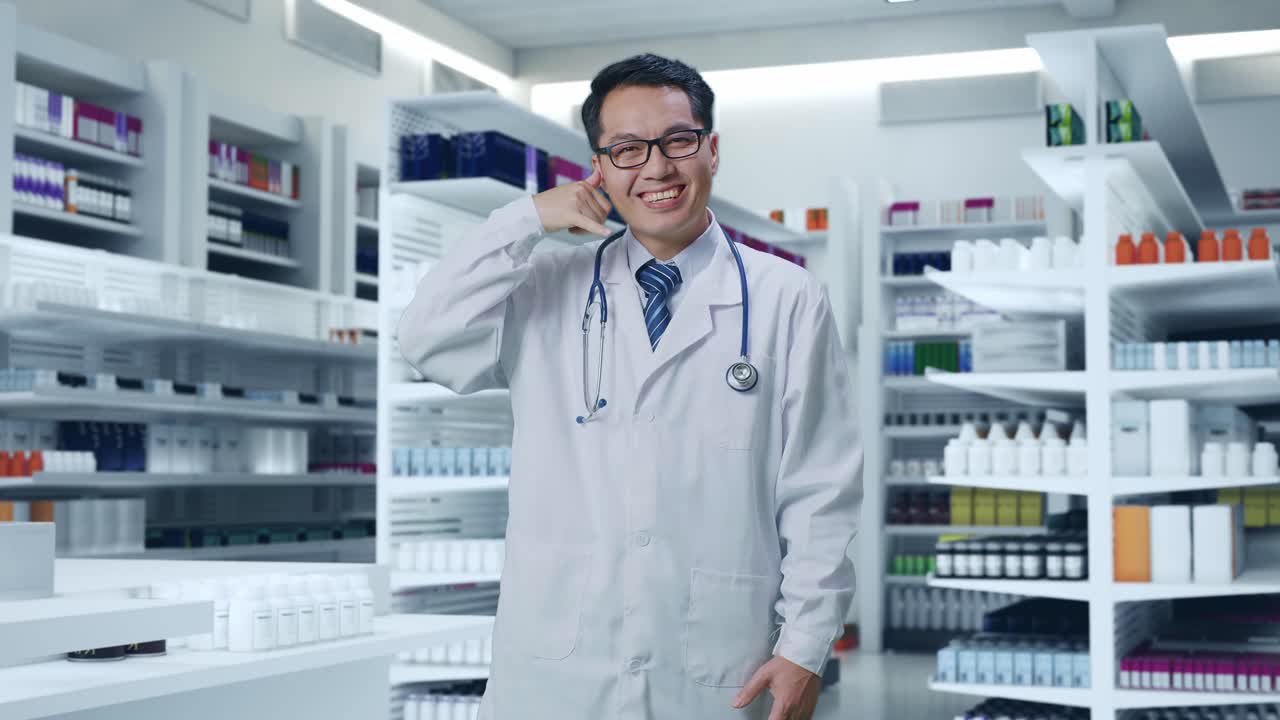 약사가 호출하기 위해 몸짓을 하고 있습니다.