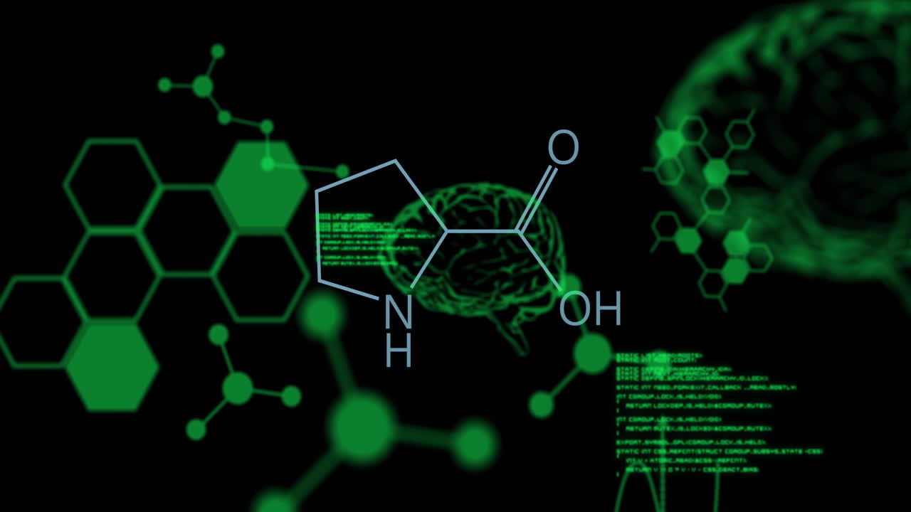 animación de procesamiento de datos y cerebros sobre fórmula química en fondo negro