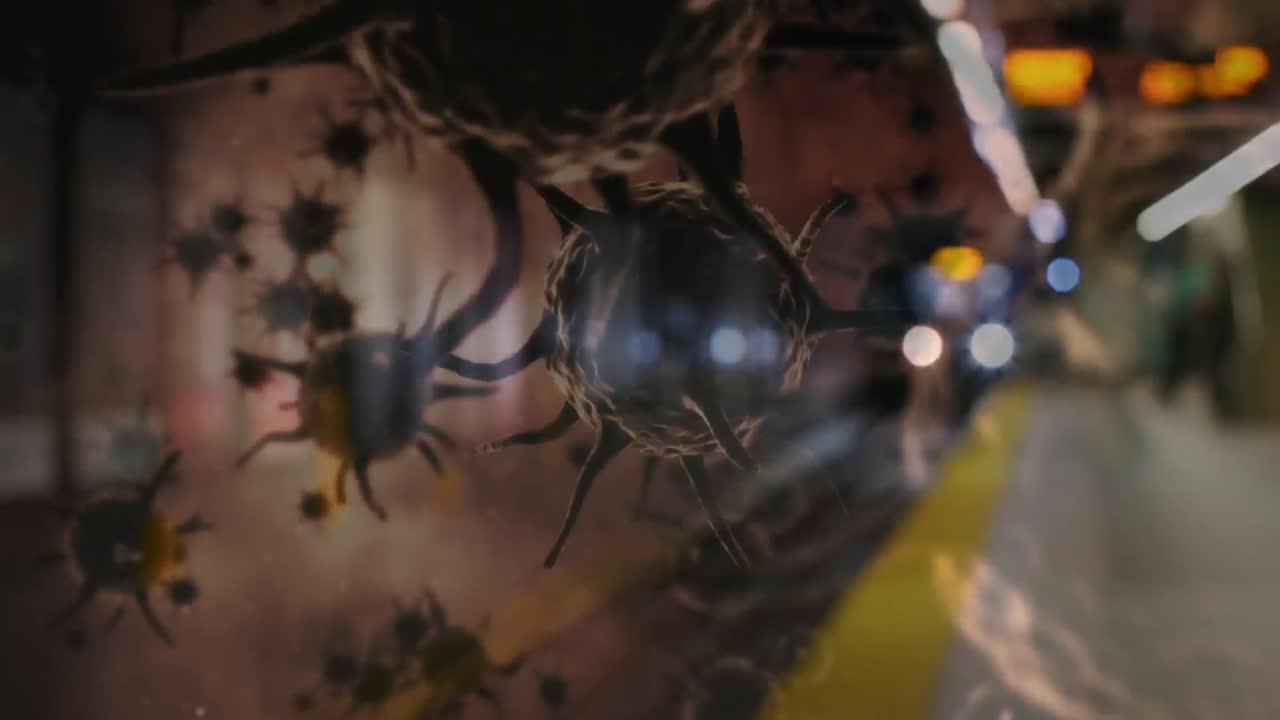 매크로 코로나바이러스 코로나19 세포가 플랫폼으로 들어오는 열차에 퍼지는 애니메이션