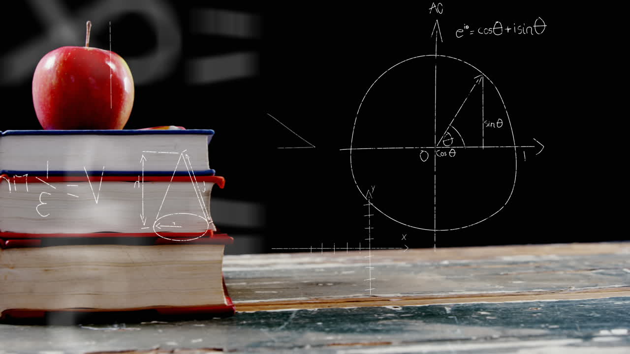 ecuaciones matemáticas flotando contra la manzana en la pila de libros