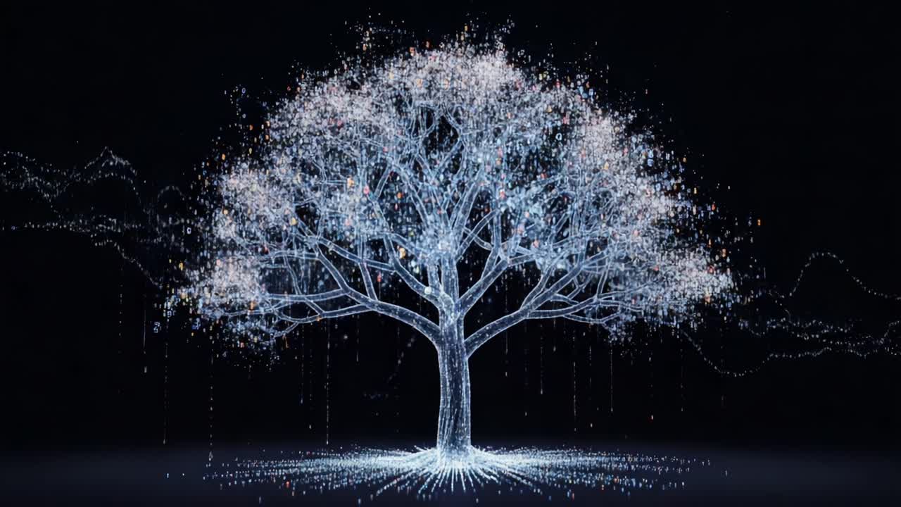 A Transformative Journey Through Digital Nature: Two Frames Capturing the Evolution of a Luminescent Tree in a Mesmerizing Display of Light and Artistry