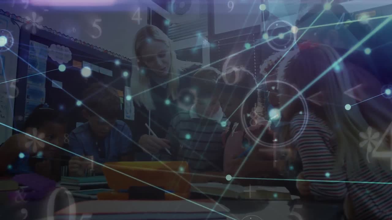 Animation of networks of connections and numbers over diverse schoolchildren and teacher