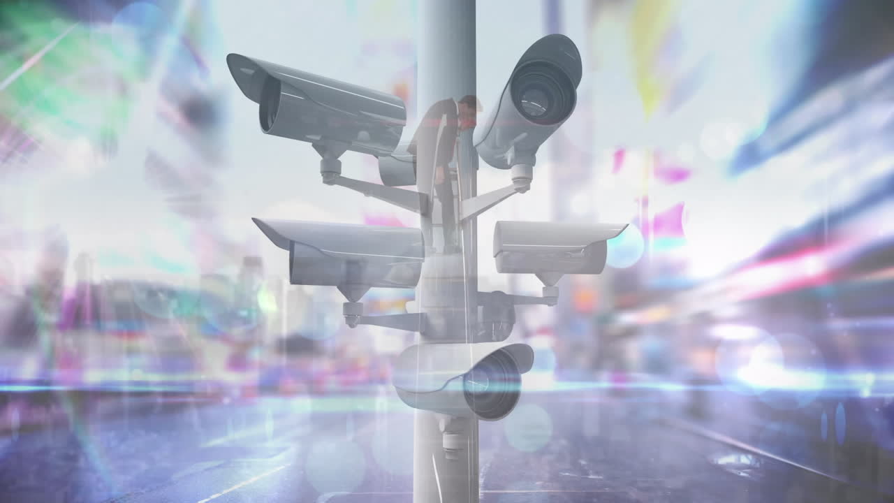 Animazione di telecamere a circuito chiuso e elaborazione dati sulla città.