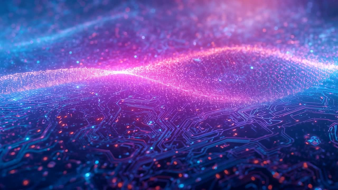 Rising neon particle ribbon centering above circuit plane past blue orange nodes, scattering sparks
