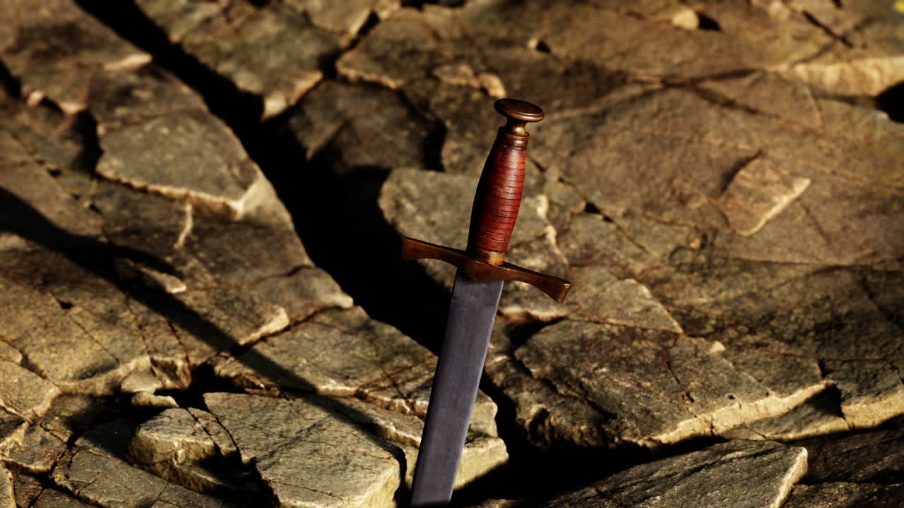 la espada excalibur en la piedra rocosa al atardecer