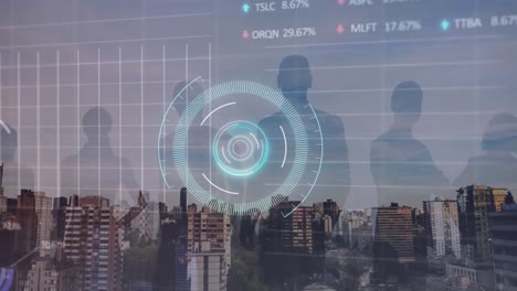 animation of data processing with scope scanning and people silhouettes over cityscape
