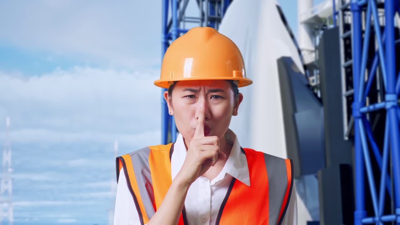 안전 헬을 착용 한 아시아 여성 엔지니어가 우주왕복선과 함께 서 있는 동안 shh 제스처를 하고 있습니다.