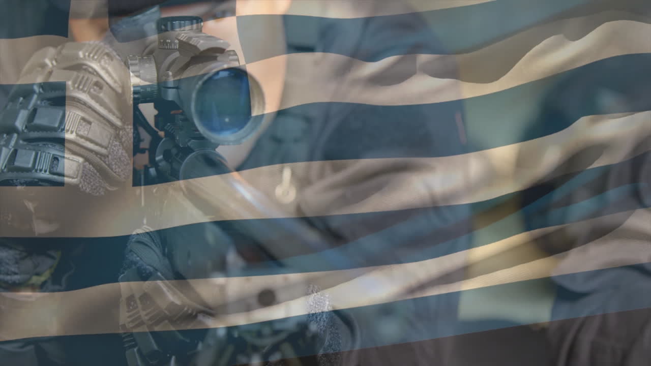 Aiming rifle with scope, person overlaying Greek flag pattern in animation