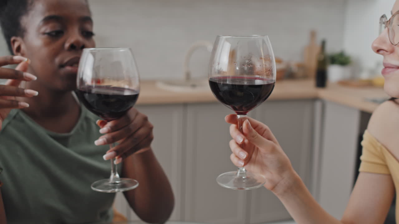 Beautiful Women Clinking Wine Glasses in Kitchen