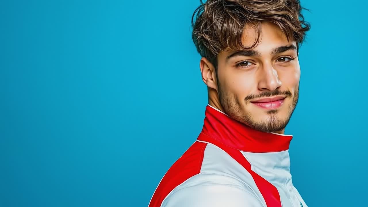 A man in a red and white jacket posing for a picture