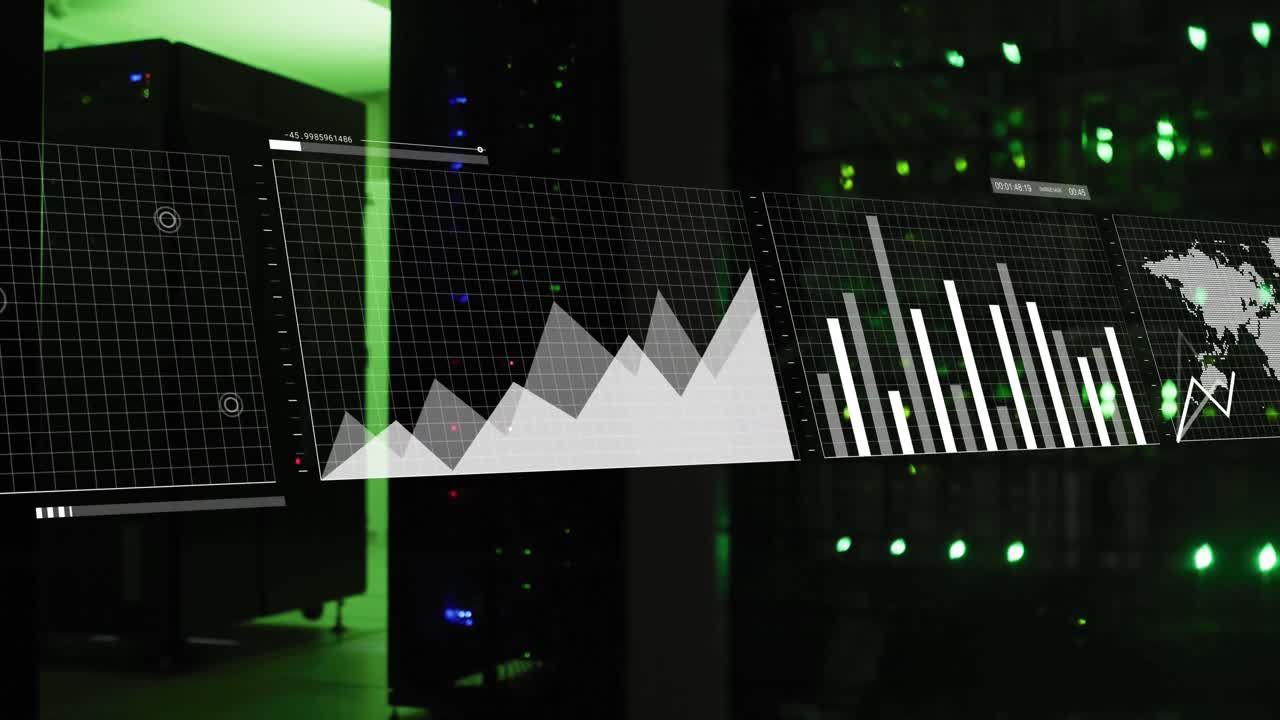 animación de pantallas con procesamiento de datos estadísticos contra la sala de servidores de computadora