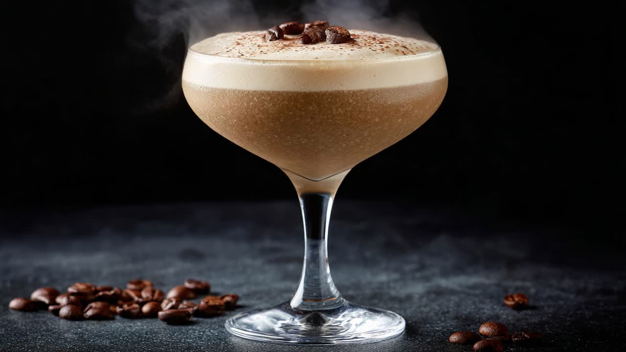 A Luxurious Coffee Cocktail Served in a Elegant Glass with Steam and Coffee Beans, Perfectly Crafted for a Sophisticated Evening Indulgence