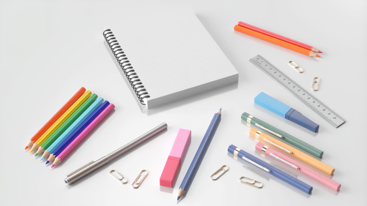 A collection of colorful school and office supplies on a white background