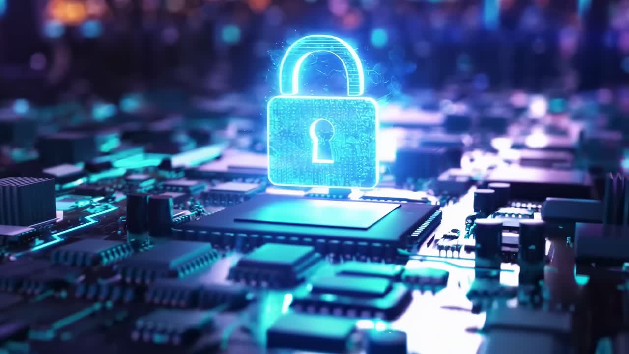 Futuristic video concept of cybersecurity with a glowing lock over a circuit board, low angle