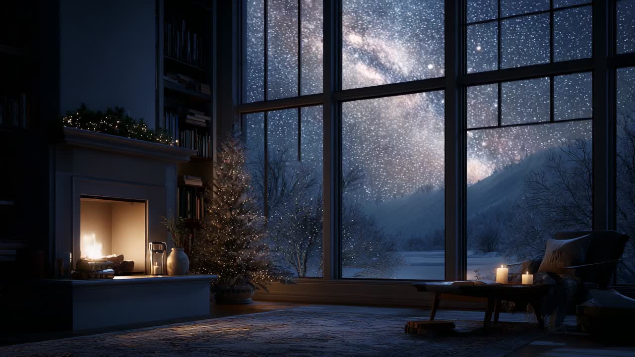 A Serene Winter Night Scene with a Stunning View of the Starry Galaxy Through Large Windows, Cozy Fireplace, Christmas Tree, and Soft Candlelight Creating a Peaceful Ambience Indoors