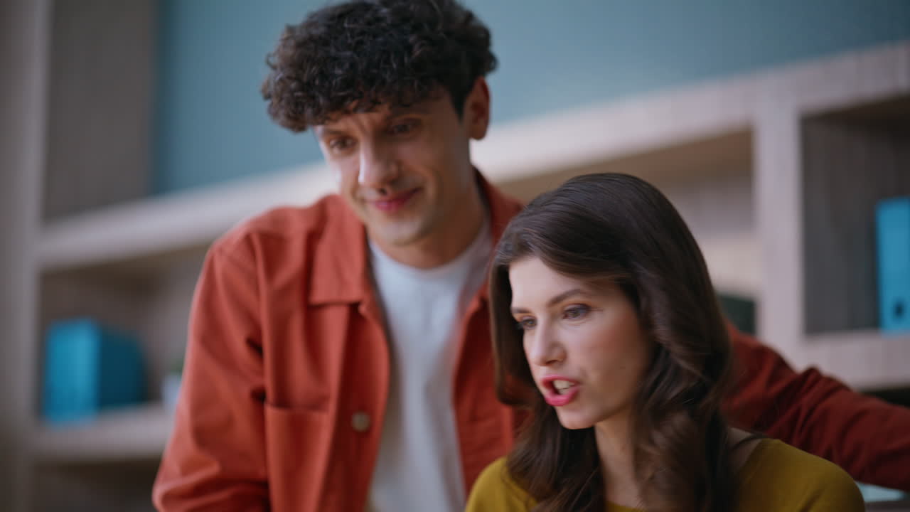 Coworkers greeting web camera starting online meeting at company space closeup