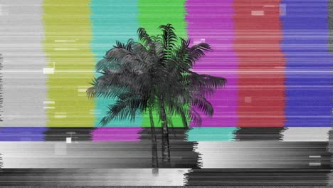 Animation-of-moving-palm-tree-over-retro-colour-test-screen-with-glitch