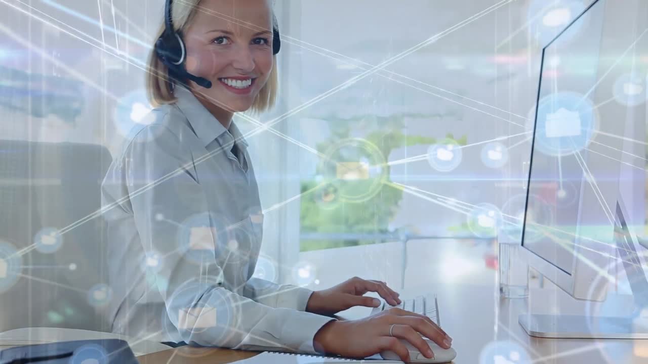 animación de la red de conexiones sobre la mujer de negocios caucásica en la oficina