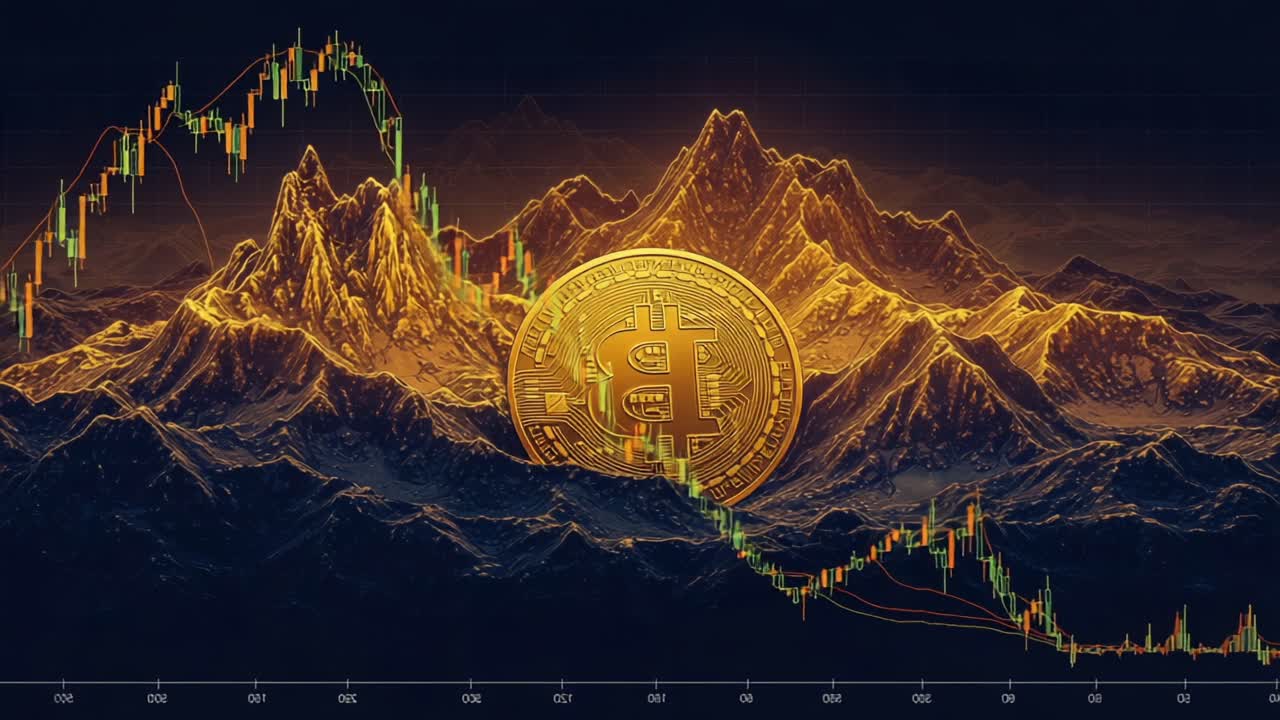 A Stunning Visual Representation of Cryptocurrency Trends Featuring Bitcoin Surrounded by Majestic Mountain Landscapes and Rising Market Graphs