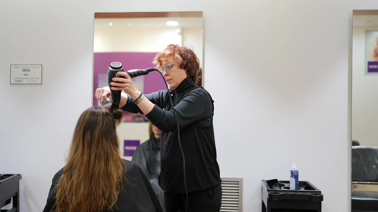 Cabeleireiro Profissional Fazendo Escova no Cabelo da Cliente no Salão