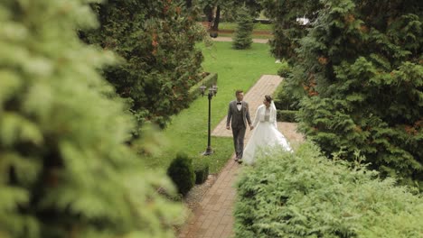 lovely newlyweds caucasian bride groom walking in park, holding hands, wedding couple family