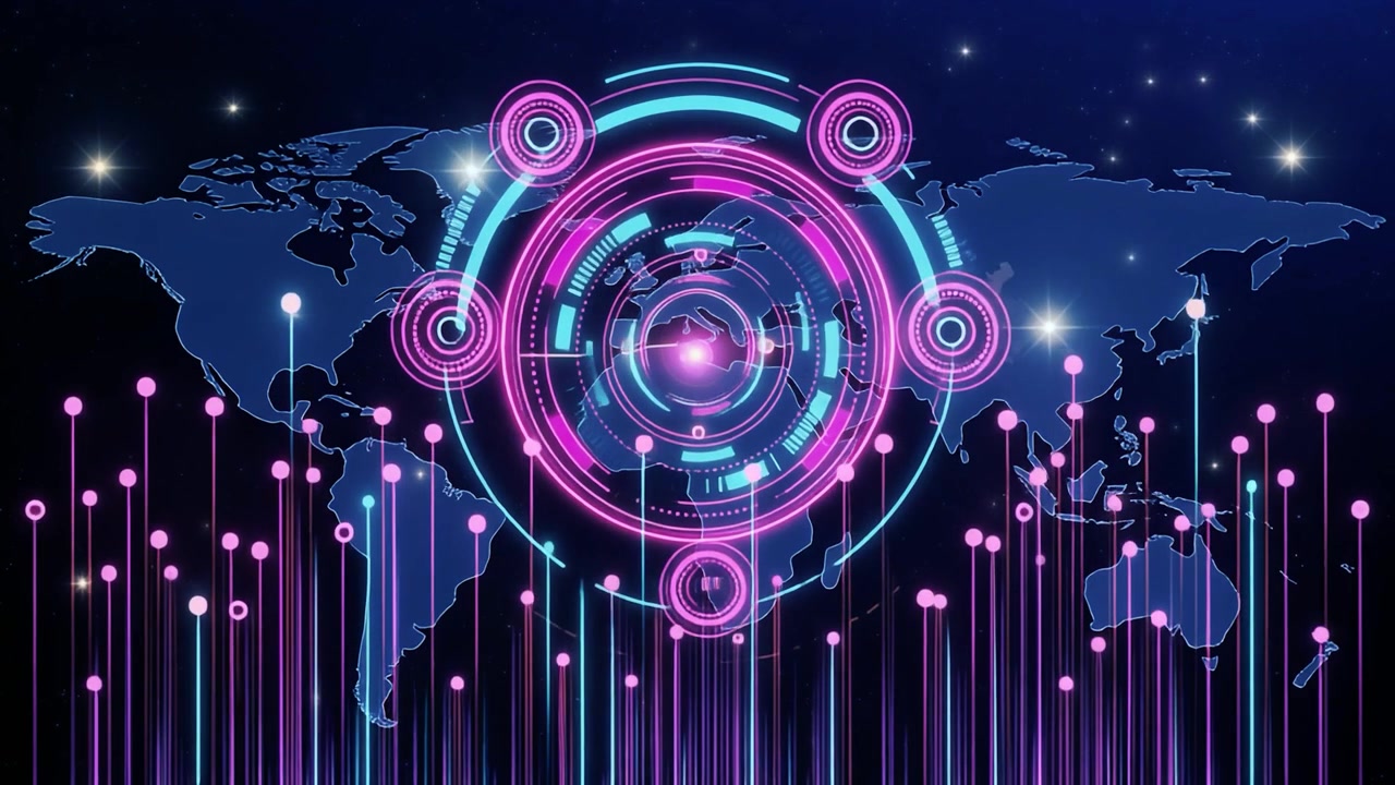 Digital World Map with Futuristic HUD Interface and Data Visualization