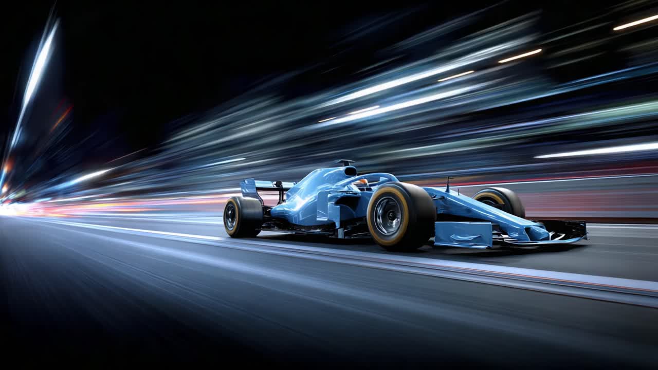 夜のシーンで捉えられた、スピードと精度が際立つ、躍動感あふれるダイナミックなレースカー