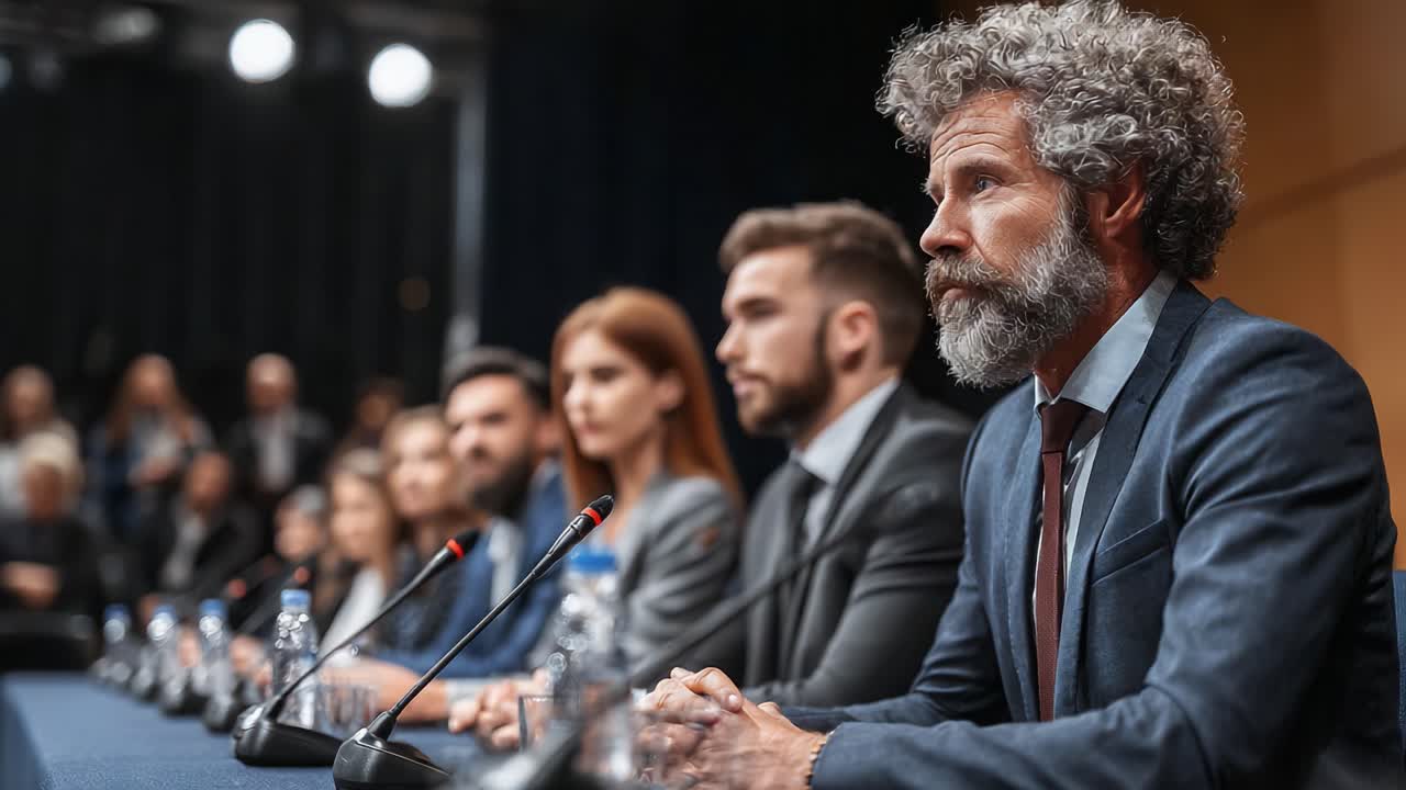 Un gruppo di professionisti impegnato in una discussione importante durante una conferenza formale, che evidenzia il tono serio dell'evento e l'attenzione del pubblico.