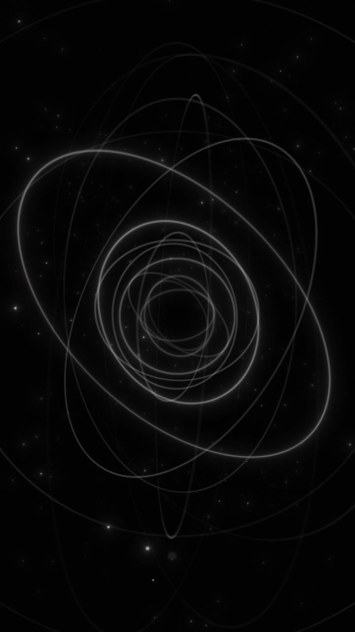 Sfondo scientifico con orbita atomica nera, anelli di particelle bianche, punti a stella e design fisico minimale.