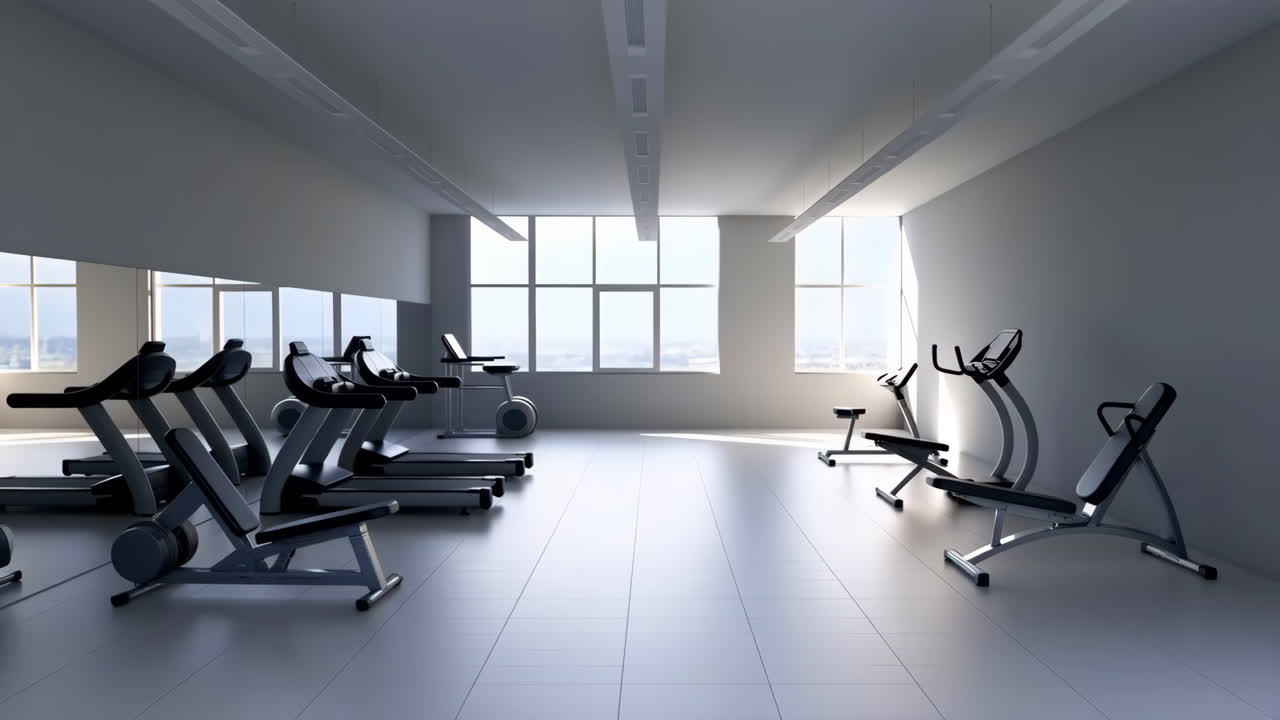 Empty Modern Gym with Treadmills and Exercise Benches